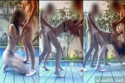 Threesome dengan vagina gemuk saudara perempuan di tepi kolam renang